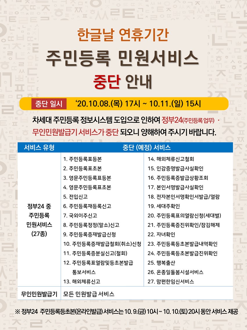 1.한글날 연휴기간 주민등록 민원서비스 중단안내